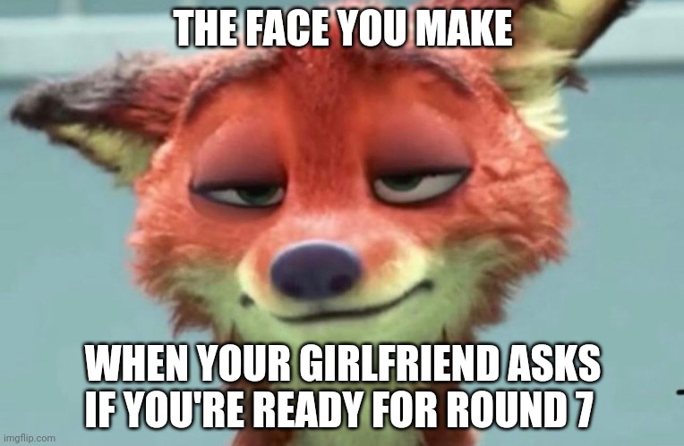 Nick Wilde's Stamina | THE FACE YOU MAKE; WHEN YOUR GIRLFRIEND ASKS IF YOU'RE READY FOR ROUND 7 | image tagged in nick wilde tired,zootopia,nick wilde,the face you make when,funny,memes | made w/ Imgflip meme maker
