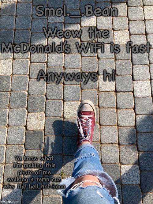 Weow the McDonald’s WiFi is fast; Anyways hi | image tagged in beans foot temp | made w/ Imgflip meme maker