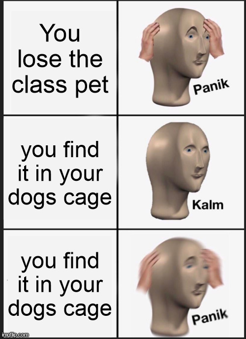 Oh god | You lose the class pet; you find it in your dogs cage; you find it in your dogs cage | image tagged in memes,panik kalm panik | made w/ Imgflip meme maker