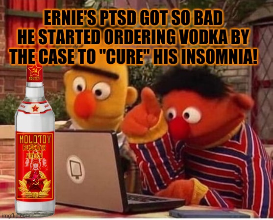 Ernie might have a problem... | ERNIE'S PTSD GOT SO BAD HE STARTED ORDERING VODKA BY THE CASE TO "CURE" HIS INSOMNIA! | image tagged in vodka,ptsd,bert and ernie,drinking,problem | made w/ Imgflip meme maker
