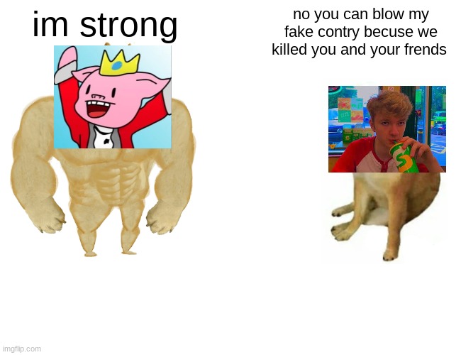 Buff Doge vs. Cheems Meme | im strong; no you can blow my fake contry becuse we killed you and your frends | image tagged in memes,buff doge vs cheems | made w/ Imgflip meme maker