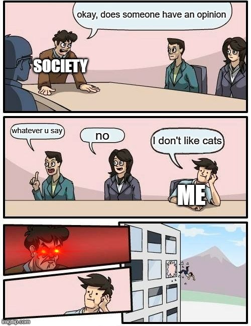 okay, does someone have an opinion whatever u say no I don't like cats SOCIETY ME | image tagged in memes,boardroom meeting suggestion | made w/ Imgflip meme maker