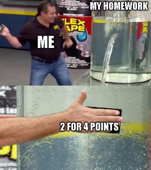 Flex Tape | MY HOMEWORK; ME; 2 FOR 4 POINTS | image tagged in fix life | made w/ Imgflip meme maker