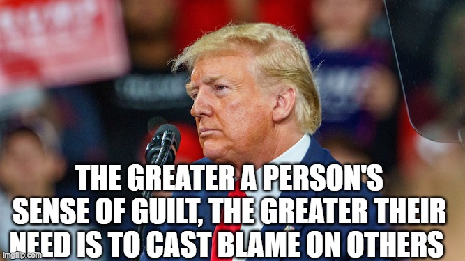 Guilt | THE GREATER A PERSON'S SENSE OF GUILT, THE GREATER THEIR NEED IS TO CAST BLAME ON OTHERS | image tagged in trump | made w/ Imgflip meme maker