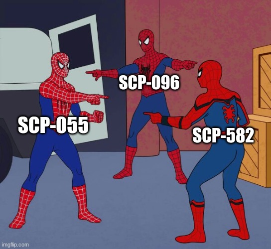 The look a likes | SCP-096; SCP-055; SCP-582 | image tagged in spider man triple,scp meme | made w/ Imgflip meme maker