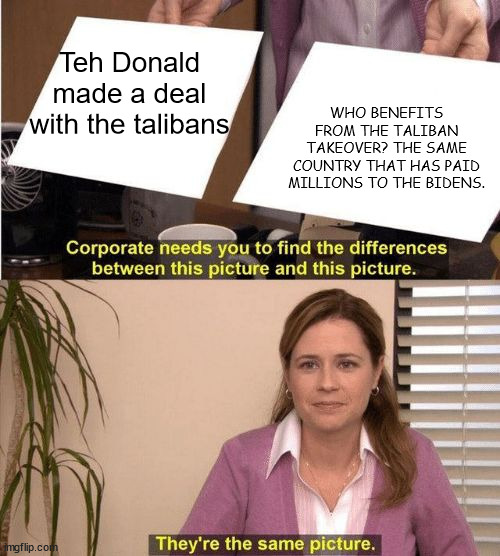 Corporate same picture | WHO BENEFITS FROM THE TALIBAN TAKEOVER? THE SAME COUNTRY THAT HAS PAID MILLIONS TO THE BIDENS. Teh Donald made a deal with the talibans | image tagged in corporate same picture | made w/ Imgflip meme maker