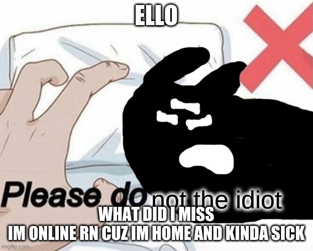 Please do not the idiot | ELLO; WHAT DID I MISS
IM ONLINE RN CUZ IM HOME AND KINDA SICK | image tagged in please do not the idiot | made w/ Imgflip meme maker
