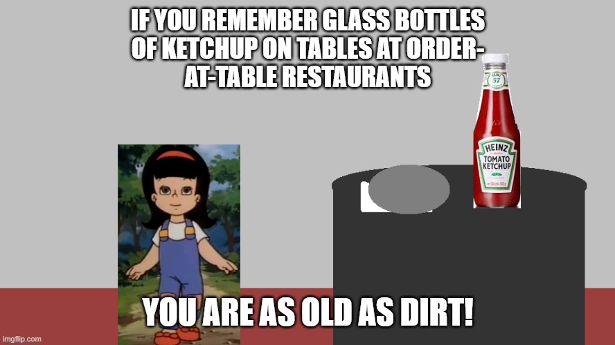 Ketchup Bottles At Restaurants | IF YOU REMEMBER GLASS BOTTLES
OF KETCHUP ON TABLES AT ORDER-
AT-TABLE RESTAURANTS; YOU ARE AS OLD AS DIRT! | image tagged in bottles | made w/ Imgflip meme maker