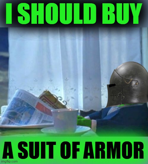 I SHOULD BUY A SUIT OF ARMOR | image tagged in i should buy a boat raycat | made w/ Imgflip meme maker
