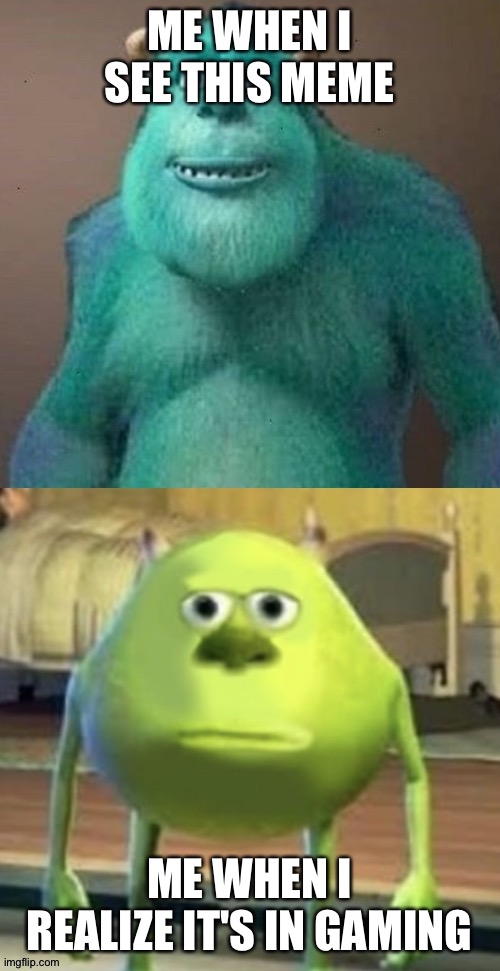 Sully wazowski uh oh | ME WHEN I SEE THIS MEME ME WHEN I REALIZE IT'S IN GAMING | image tagged in sully wazowski uh oh | made w/ Imgflip meme maker