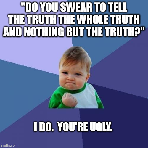 Success Kid |  "DO YOU SWEAR TO TELL THE TRUTH THE WHOLE TRUTH AND NOTHING BUT THE TRUTH?"; I DO.  YOU'RE UGLY. | image tagged in memes,success kid | made w/ Imgflip meme maker