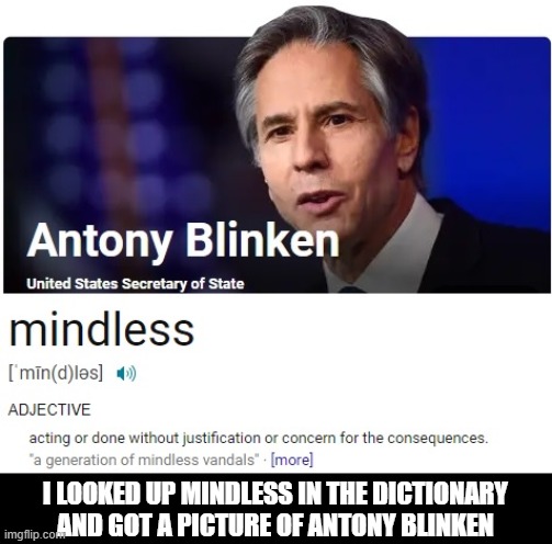 Antony Blinken | I LOOKED UP MINDLESS IN THE DICTIONARY AND GOT A PICTURE OF ANTONY BLINKEN | image tagged in disgrace | made w/ Imgflip meme maker