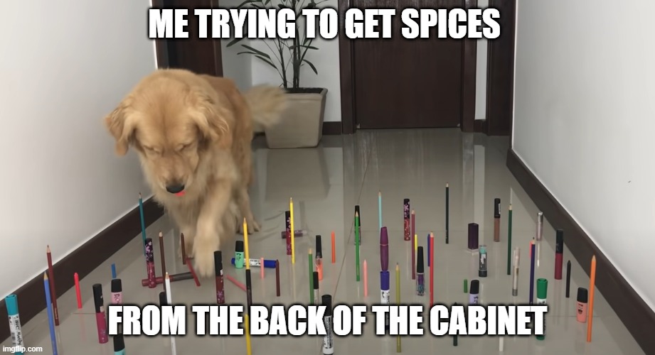 me knocking crap over | ME TRYING TO GET SPICES; FROM THE BACK OF THE CABINET | image tagged in clumsy | made w/ Imgflip meme maker