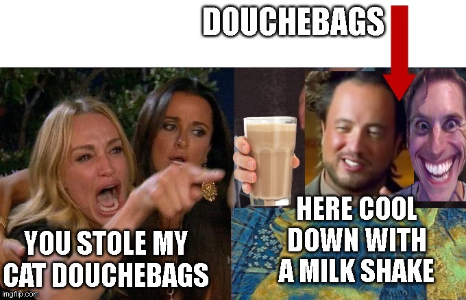 the douchebags are back | DOUCHEBAGS; HERE COOL DOWN WITH A MILK SHAKE; YOU STOLE MY CAT DOUCHEBAGS | image tagged in male douchebags shake,douchebag,male,logic | made w/ Imgflip meme maker