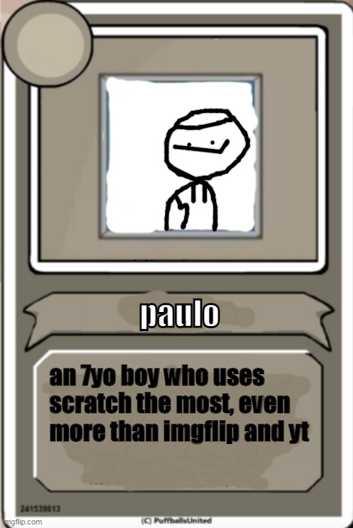 Character Bio | paulo; an 7yo boy who uses scratch the most, even more than imgflip and yt | image tagged in character bio | made w/ Imgflip meme maker