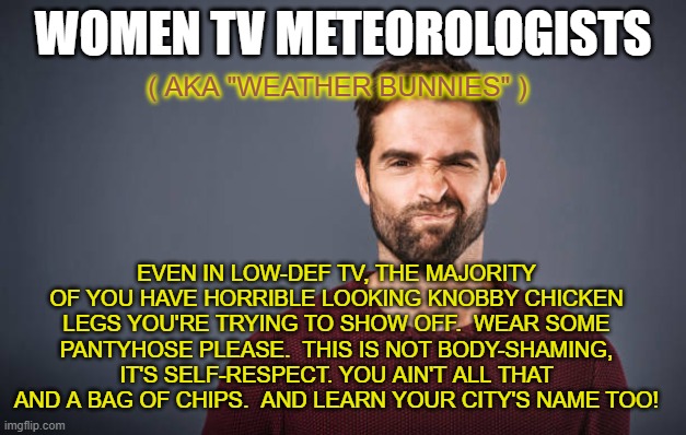 TV Weather Bunnies ... Nasty Legs and Poor Memories. | WOMEN TV METEOROLOGISTS; ( AKA "WEATHER BUNNIES" ); EVEN IN LOW-DEF TV, THE MAJORITY OF YOU HAVE HORRIBLE LOOKING KNOBBY CHICKEN LEGS YOU'RE TRYING TO SHOW OFF.  WEAR SOME PANTYHOSE PLEASE.  THIS IS NOT BODY-SHAMING, IT'S SELF-RESPECT. YOU AIN'T ALL THAT AND A BAG OF CHIPS.  AND LEARN YOUR CITY'S NAME TOO! | image tagged in legs,meteorologists,women,poor memory,pantyhose,bubble brains | made w/ Imgflip meme maker