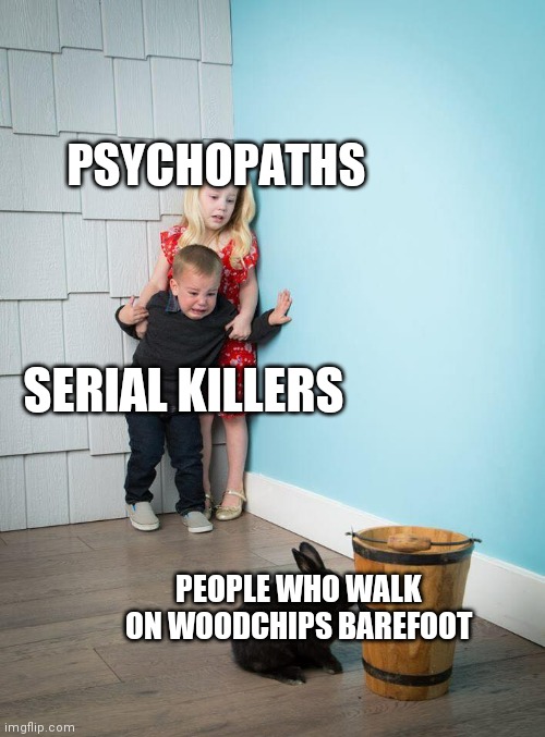 Kids scared of bunny | PSYCHOPATHS; SERIAL KILLERS; PEOPLE WHO WALK ON WOODCHIPS BAREFOOT | image tagged in kids scared of bunny | made w/ Imgflip meme maker