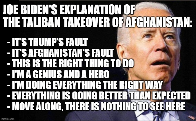 Joe Biden | JOE BIDEN'S EXPLANATION OF THE TALIBAN TAKEOVER OF AFGHANISTAN:; - IT'S TRUMP'S FAULT
- IT'S AFGHANISTAN'S FAULT
- THIS IS THE RIGHT THING TO DO
- I'M A GENIUS AND A HERO
- I'M DOING EVERYTHING THE RIGHT WAY
- EVERYTHING IS GOING BETTER THAN EXPECTED
- MOVE ALONG, THERE IS NOTHING TO SEE HERE | image tagged in joe biden,afghanistan,taliban | made w/ Imgflip meme maker