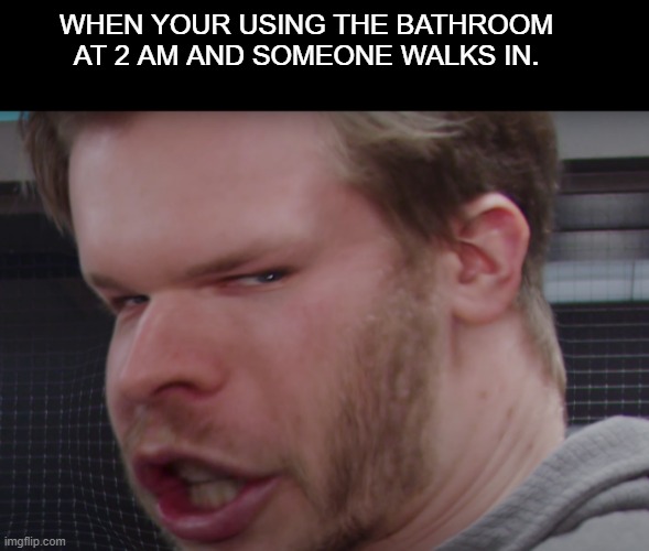 bathroom at 2am | WHEN YOUR USING THE BATHROOM AT 2 AM AND SOMEONE WALKS IN. | image tagged in 2 am | made w/ Imgflip meme maker
