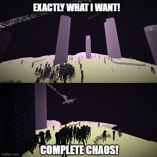 Chaos! | EXACTLY WHAT I WANT! COMPLETE CHAOS! | image tagged in enderman,minecraft,the end,minecraft enderman,ender dragon | made w/ Imgflip meme maker