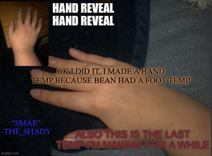 The_shady hand temp | OK I DID IT, I MADE A HAND TEMP BECAUSE BEAN HAD A FOOT TEMP; ALSO THIS IS THE LAST TEMP I’M MAKING FOR A WHILE | image tagged in the_shady hand temp | made w/ Imgflip meme maker