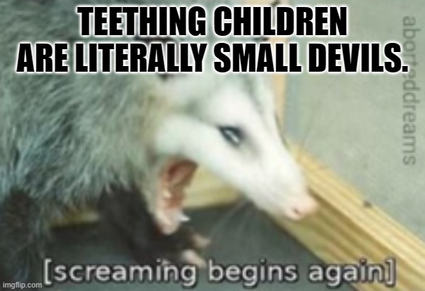 Screaming begins again | TEETHING CHILDREN ARE LITERALLY SMALL DEVILS. | image tagged in screaming begins again | made w/ Imgflip meme maker