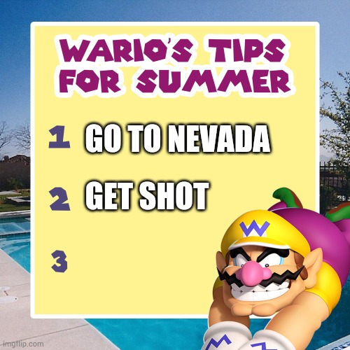 warios tips for summer | GO TO NEVADA; GET SHOT | image tagged in warios tips for summer | made w/ Imgflip meme maker