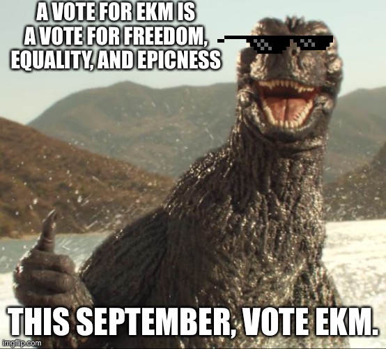 Godzilla approved | A VOTE FOR EKM IS A VOTE FOR FREEDOM, EQUALITY, AND EPICNESS; THIS SEPTEMBER, VOTE EKM. | image tagged in godzilla approved | made w/ Imgflip meme maker
