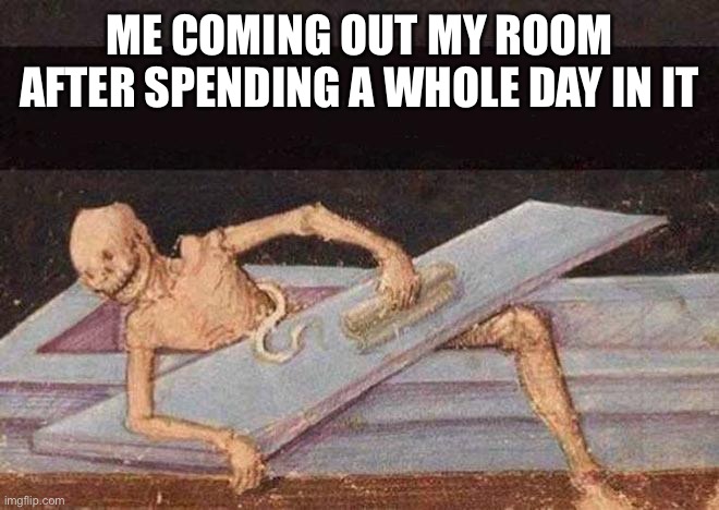 Only happens every 200 years | ME COMING OUT MY ROOM AFTER SPENDING A WHOLE DAY IN IT | image tagged in skeleton coming out of coffin | made w/ Imgflip meme maker