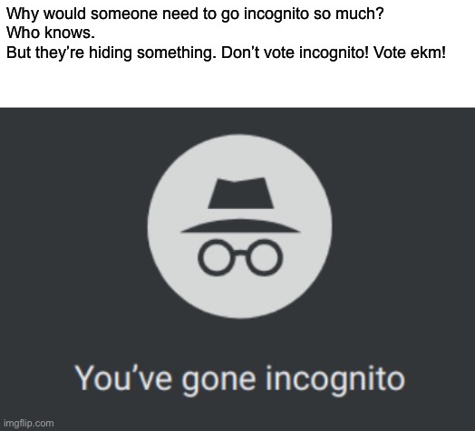 You've gone incognito | Why would someone need to go incognito so much?
Who knows. 
But they’re hiding something. Don’t vote incognito! Vote ekm! | image tagged in you've gone incognito | made w/ Imgflip meme maker