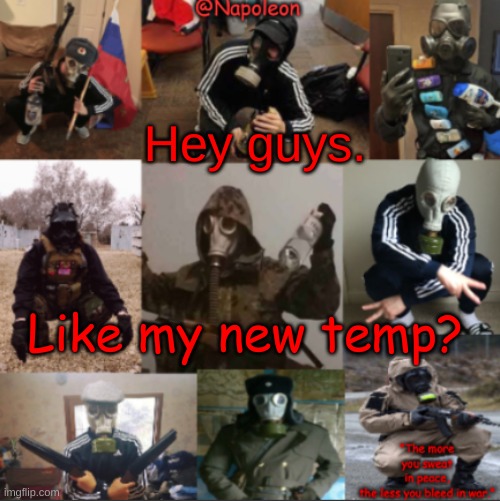 Hey guys. Like my new temp? | image tagged in napoleon's russian gas mask temp | made w/ Imgflip meme maker