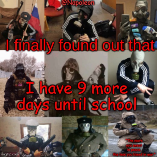I finally found out that; I have 9 more days until school | image tagged in napoleon's russian gas mask temp | made w/ Imgflip meme maker