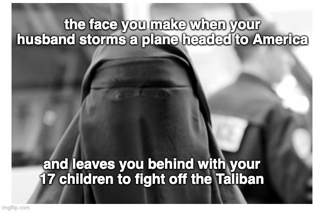 the face you make when your husband storms a plane headed to America; and leaves you behind with your 17 children to fight off the Taliban | made w/ Imgflip meme maker