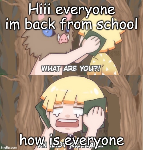 Hoi | Hiii everyone im back from school; how is everyone | image tagged in i might delete forever im thinking about it,why are you reading this | made w/ Imgflip meme maker