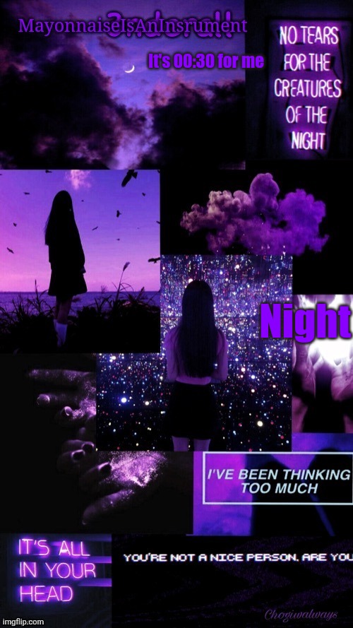 (Ty bean_child) MayonnaiseIsAnInsrument Black and purple temp | It's 00:30 for me; Night | image tagged in ty bean_child mayonnaiseisaninsrument black and purple temp | made w/ Imgflip meme maker