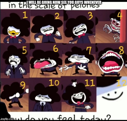 On a scale of pelones how do you feel today | I WILL BE GOING NOW SEE YOU GUYS WHENEVER | image tagged in on a scale of pelones how do you feel today | made w/ Imgflip meme maker