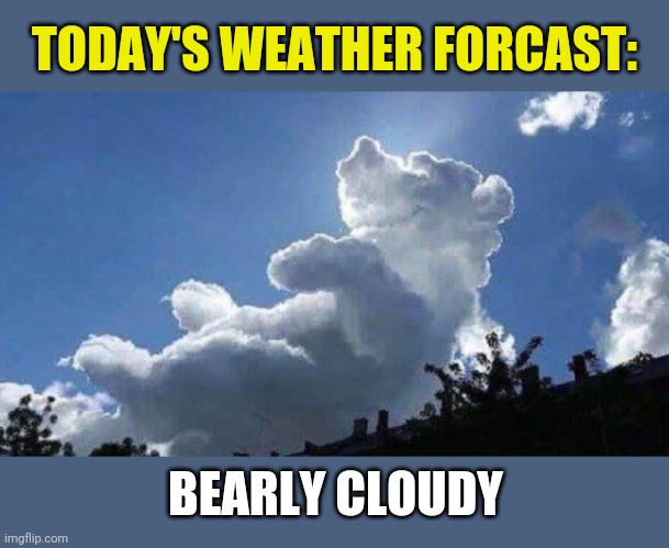 Cloud Bearing | TODAY'S WEATHER FORCAST:; BEARLY CLOUDY | image tagged in clouds,bears,weather,bad puns,funny memes | made w/ Imgflip meme maker