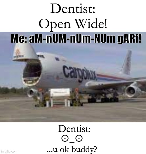 Dentist: Open Wide! Me: aM-nUM-nUm-NUm gARf! Dentist:; ⊙_⊙
...u ok buddy? | made w/ Imgflip meme maker