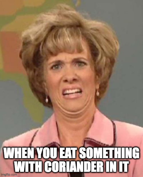 Coriander |  WHEN YOU EAT SOMETHING WITH CORIANDER IN IT | image tagged in disgusted kristin wiig | made w/ Imgflip meme maker