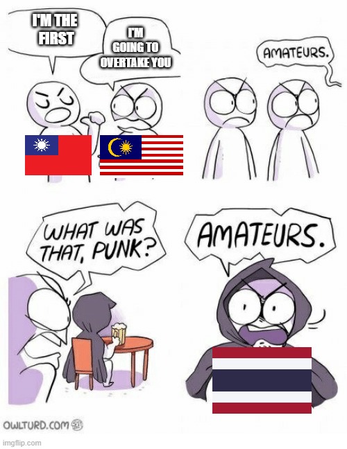Thailand suddenly overtaking the world in Popcat | I'M THE 
FIRST; I'M GOING TO OVERTAKE YOU | image tagged in amateurs,popcat,taiwan,malaysia,thailand | made w/ Imgflip meme maker
