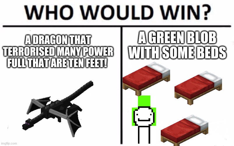 Who Would Win? Meme | A DRAGON THAT TERRORISED MANY POWER FULL THAT ARE TEN FEET! A GREEN BLOB WITH SOME BEDS | image tagged in memes,who would win | made w/ Imgflip meme maker