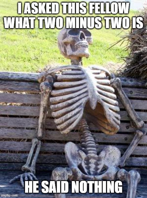 Waiting Skeleton | I ASKED THIS FELLOW WHAT TWO MINUS TWO IS; HE SAID NOTHING | image tagged in memes,waiting skeleton | made w/ Imgflip meme maker