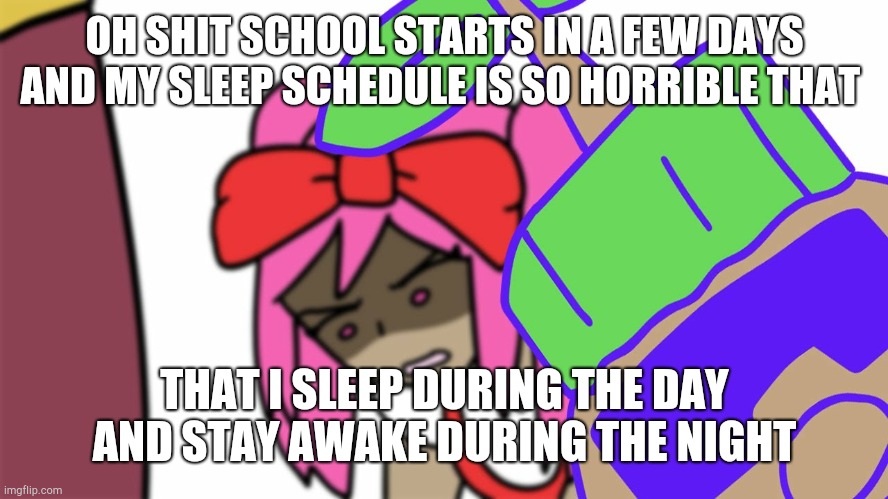 jdjdjfnbjdnfkebvkbgfkdbvmdnfkfbf | OH SHIT SCHOOL STARTS IN A FEW DAYS AND MY SLEEP SCHEDULE IS SO HORRIBLE THAT; THAT I SLEEP DURING THE DAY AND STAY AWAKE DURING THE NIGHT | made w/ Imgflip meme maker