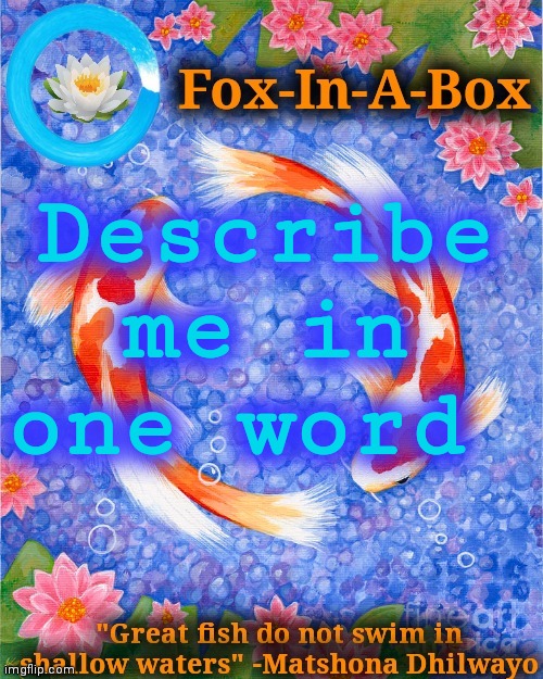 Describe me in one word | image tagged in fox-in-a-box fish temp | made w/ Imgflip meme maker