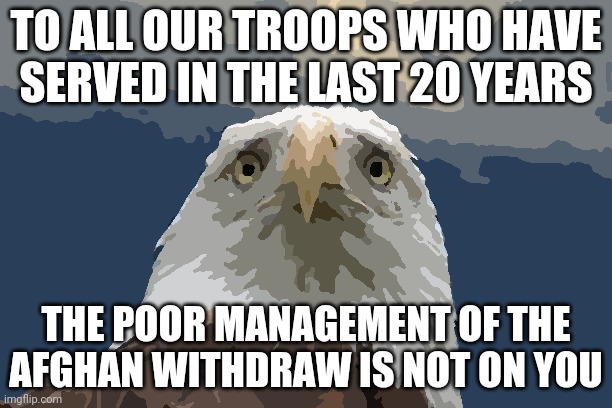 Sad Afgan withdraw | TO ALL OUR TROOPS WHO HAVE SERVED IN THE LAST 20 YEARS; THE POOR MANAGEMENT OF THE AFGHAN WITHDRAW IS NOT ON YOU | image tagged in sad american eagle | made w/ Imgflip meme maker