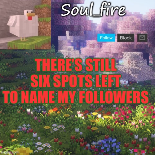Soul_fires minecraft temp ty yachi | THERE’S STILL SIX SPOTS LEFT TO NAME MY FOLLOWERS | image tagged in soul_fires minecraft temp ty yachi | made w/ Imgflip meme maker