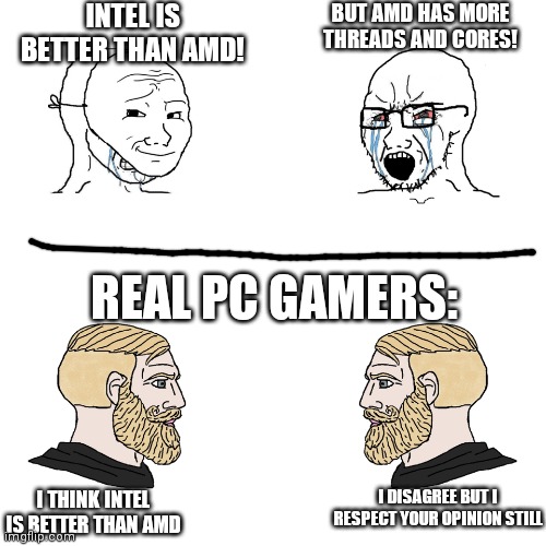 Both Intel and AMD are good | INTEL IS BETTER THAN AMD! BUT AMD HAS MORE THREADS AND CORES! REAL PC GAMERS:; I THINK INTEL IS BETTER THAN AMD; I DISAGREE BUT I RESPECT YOUR OPINION STILL | image tagged in wojack vs chad,pc gaming,computers | made w/ Imgflip meme maker