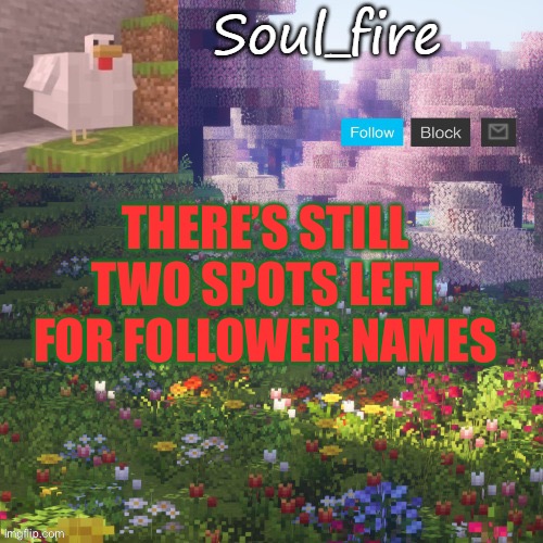 Soul_fires minecraft temp ty yachi | THERE’S STILL TWO SPOTS LEFT FOR FOLLOWER NAMES | image tagged in soul_fires minecraft temp ty yachi | made w/ Imgflip meme maker