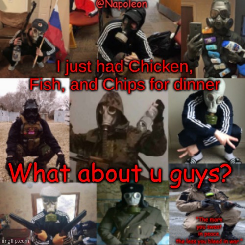 I just had Chicken, Fish, and Chips for dinner; What about u guys? | image tagged in napoleon's russian gas mask temp | made w/ Imgflip meme maker