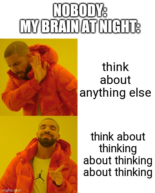 Lol | NOBODY:
MY BRAIN AT NIGHT:; think about anything else; think about thinking about thinking about thinking | image tagged in memes,drake hotline bling,thinking,brain,why are you reading this | made w/ Imgflip meme maker